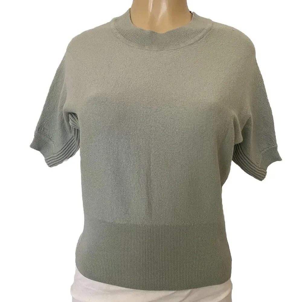 Tory Burch Merino Wool Sweater Knit Top Crew Neck Short Sleeve Sage Gree…